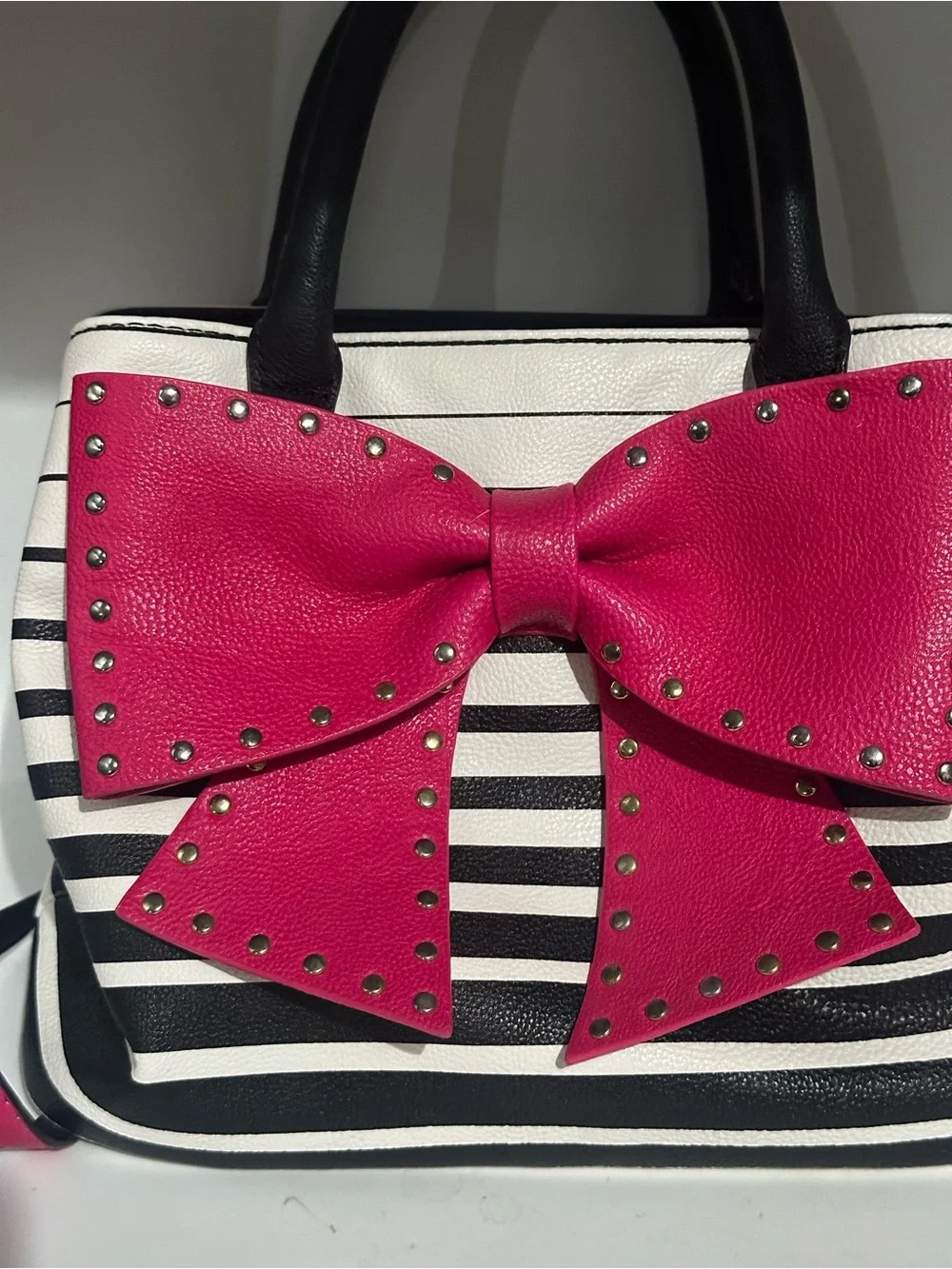 Betsey Johnson Black and White Striped Satchel with Hot Pink Bow